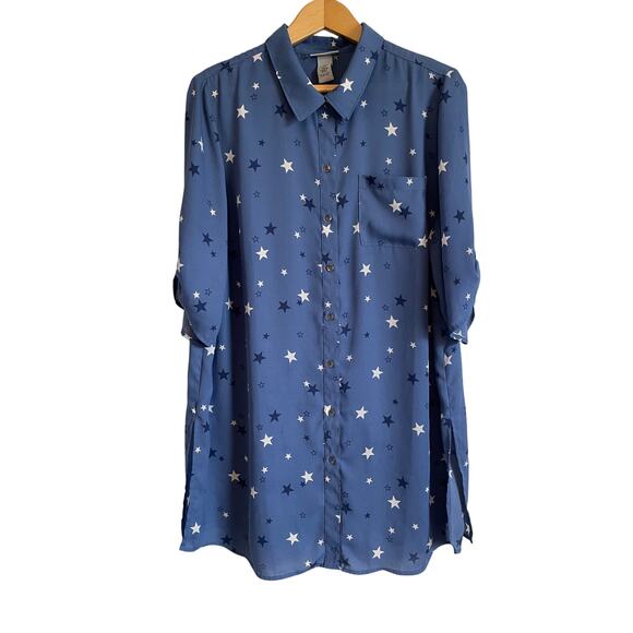 Catherines blue 3/4 sleeve button down tunic collar stars lightweight OX 14-16 - Picture 1 of 8